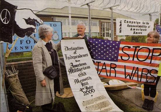 Former CND chair Buce Kent flanked by Chrisitne Dean and Lindis Percy at the Menwith Hill base (picture by Steve Riding from Yorkshire Evening Post 5/7/00)
